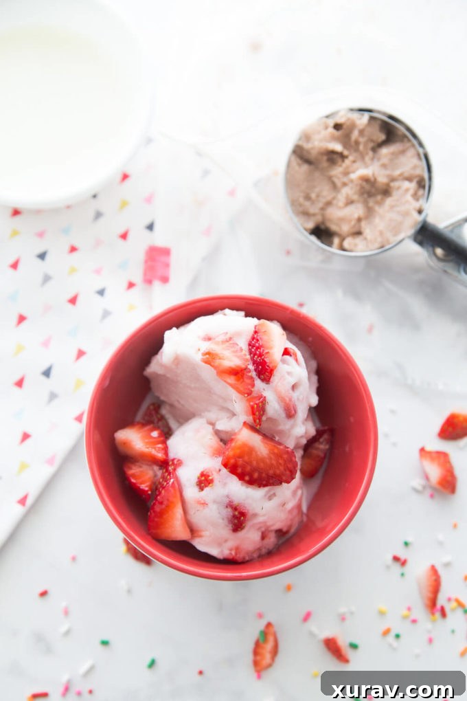 Homemade soft serve ice cream with fresh strawberries, perfect for summer dessert.