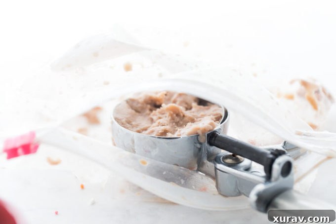 A scoop of rich homemade ice cream in a small bowl, ready to be enjoyed.