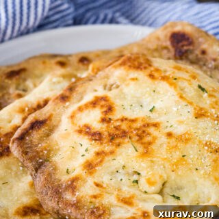 Flatbread Naan freshly cooked, golden and fluffy, served on a white plate with a side of garnish.