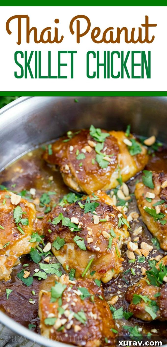 Delicious Thai peanut skillet chicken, garnished with fresh cilantro and crushed peanuts, ready to serve over rice.