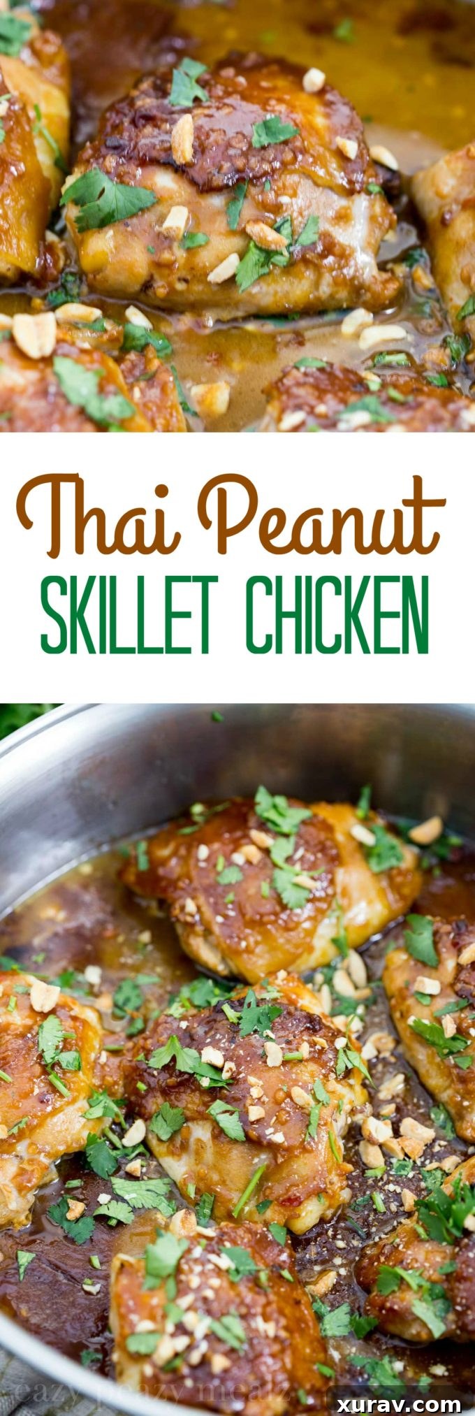 Pin this recipe for Thai Peanut skillet chicken, an easy one pot chicken that tastes great and bakes up to perfection. A flavorful and quick weeknight dinner idea.