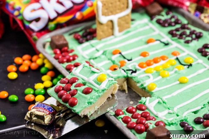 Close-up of a delicious slice of football stadium sugar cookie bar.