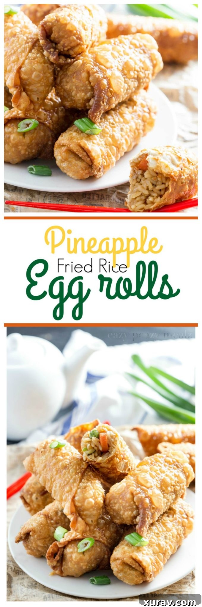 Close up image of Pineapple fried rice egg rolls arranged on a platter with fresh pineapple for a festive look