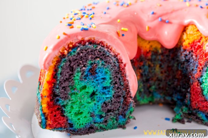 A horizontal view of the vibrant Rainbow Bundt Cake, showcasing its beautiful form and cheerful colors.
