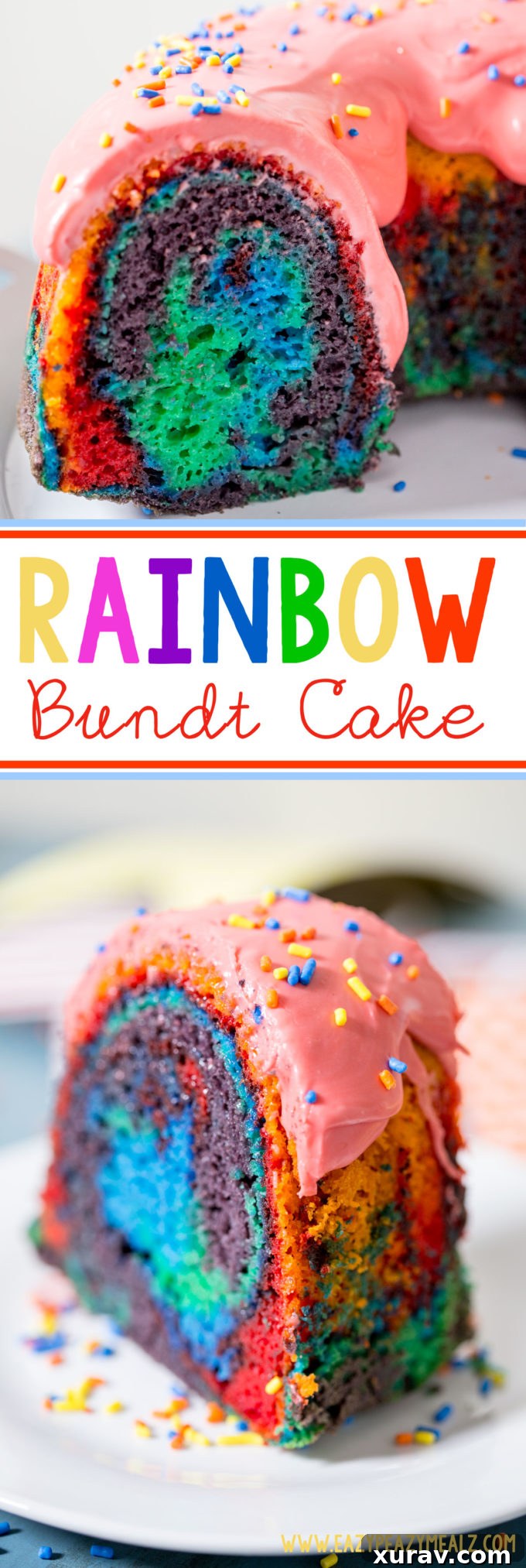 A tall, eye-catching Pinterest pin graphic for the Rainbow Bundt Cake, featuring the cake and text 'Rainbow Bundt Cake with Raspberry Glaze'.