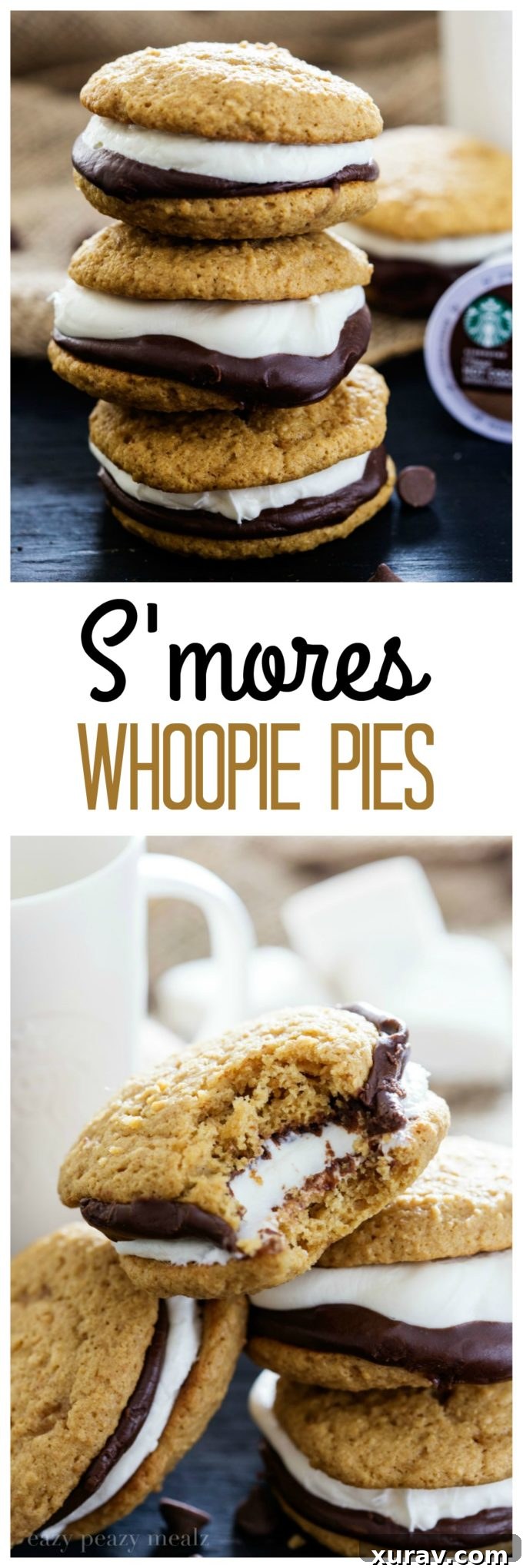 S'mores Whoopie Pies is a graham cracker cake cookie with chocolate ganache and a tasty marshmallow buttercream, a must-try dessert recipe.