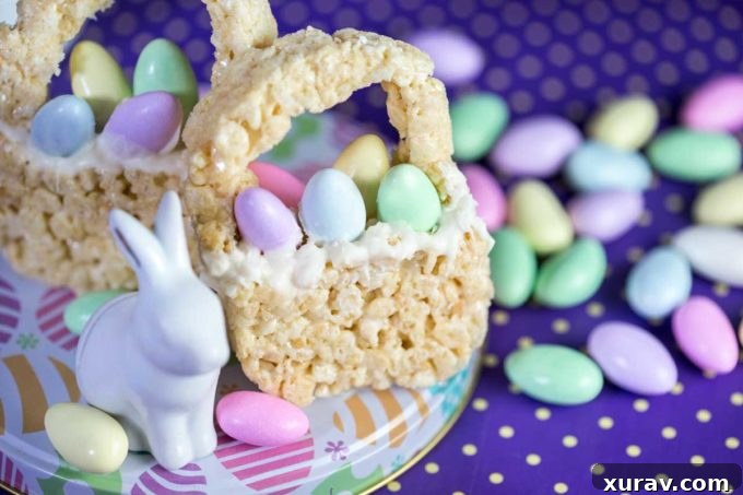 Finished Rice Krispies Treats Easter Baskets, vibrant with pastel almonds and ready for Easter celebrations.