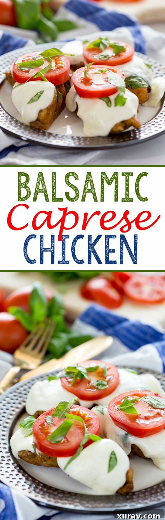 A layered balsamic chicken with a creamy layer of mozzarella, fresh basil, and tomatoes. 