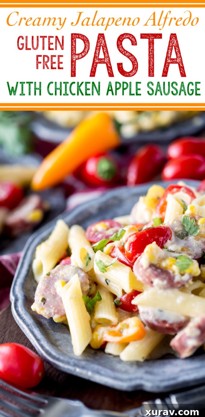 Creamy Jalapeno Alfredo pasta with chicken apple sausage, vibrant and appetizing