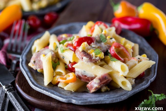 Close-up of creamy jalapeno alfredo pasta with chicken sausage and fresh vegetables