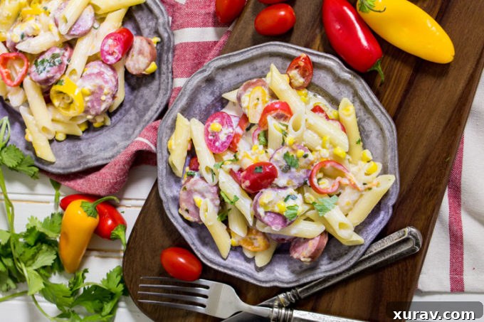 Overhead shot of creamy jalapeno pasta with chicken sausage in a pan