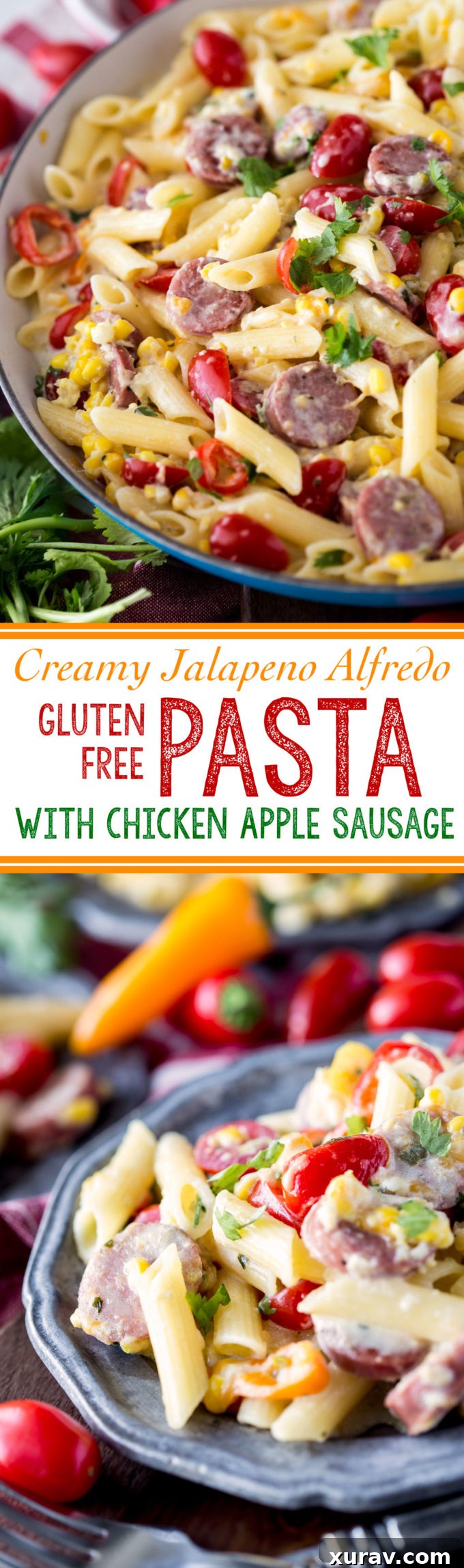 Pin-friendly image for Creamy Jalapeno Alfredo with gluten free pasta and chicken apple sausage