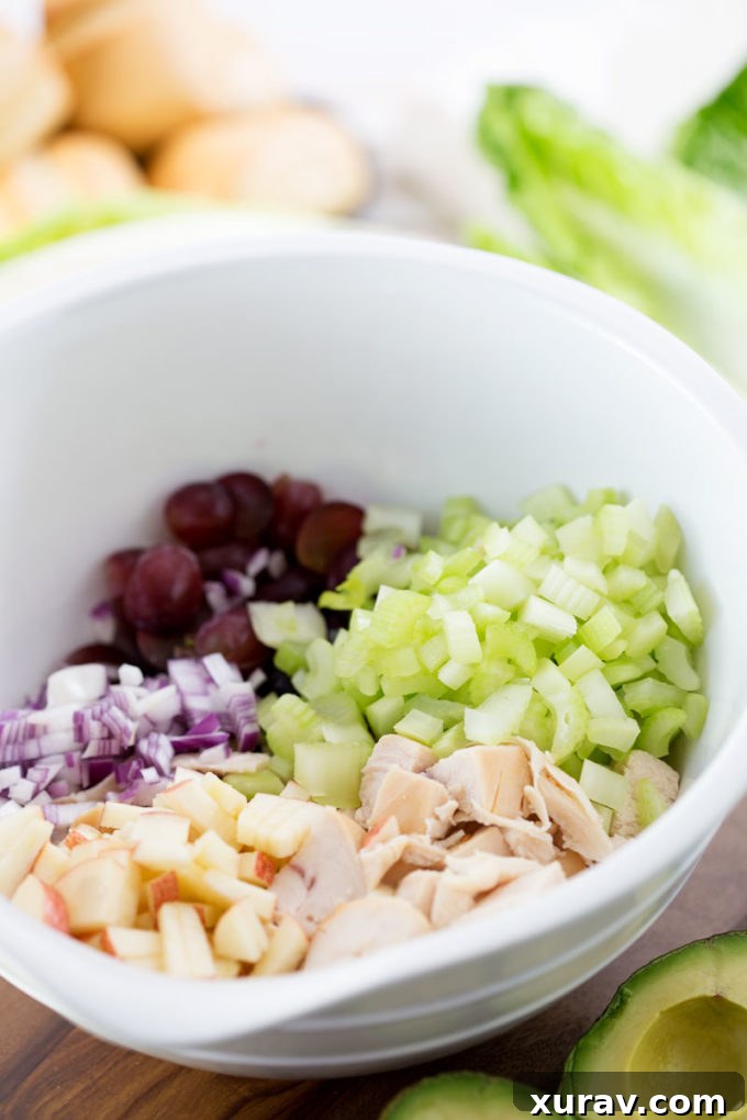 Bowl of fresh ingredients for chicken salad including chicken, celery, apple, and grapes