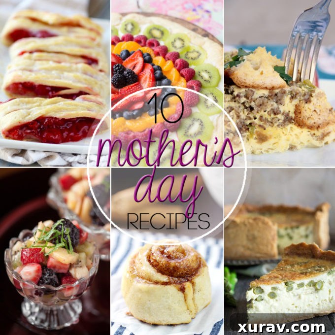 Delicious spread of Mother's Day breakfast and brunch recipes including cinnamon rolls, quiche, and fruit