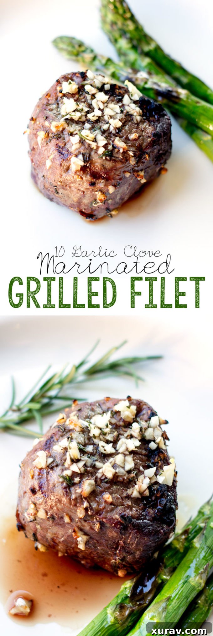Pinterest graphic featuring a perfectly grilled 10 Garlic Clove Marinated Grilled Filet Mignon, emphasizing its juiciness and flavor, with text 'Pin for later'.
