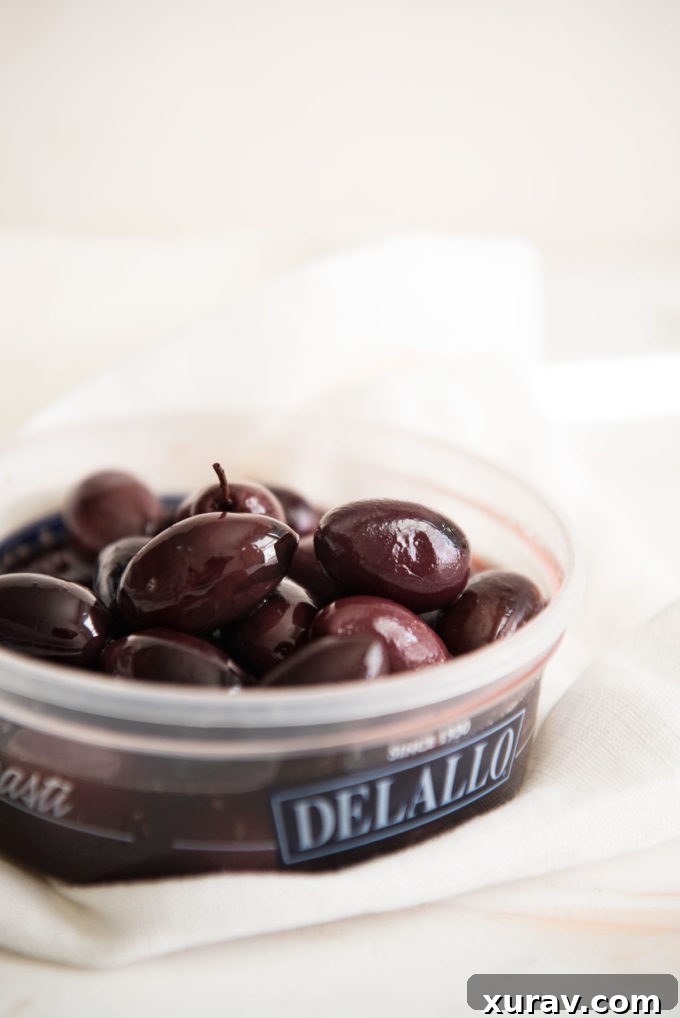 High-quality DeLallo Kalamata olives, essential for an authentic Greek salad