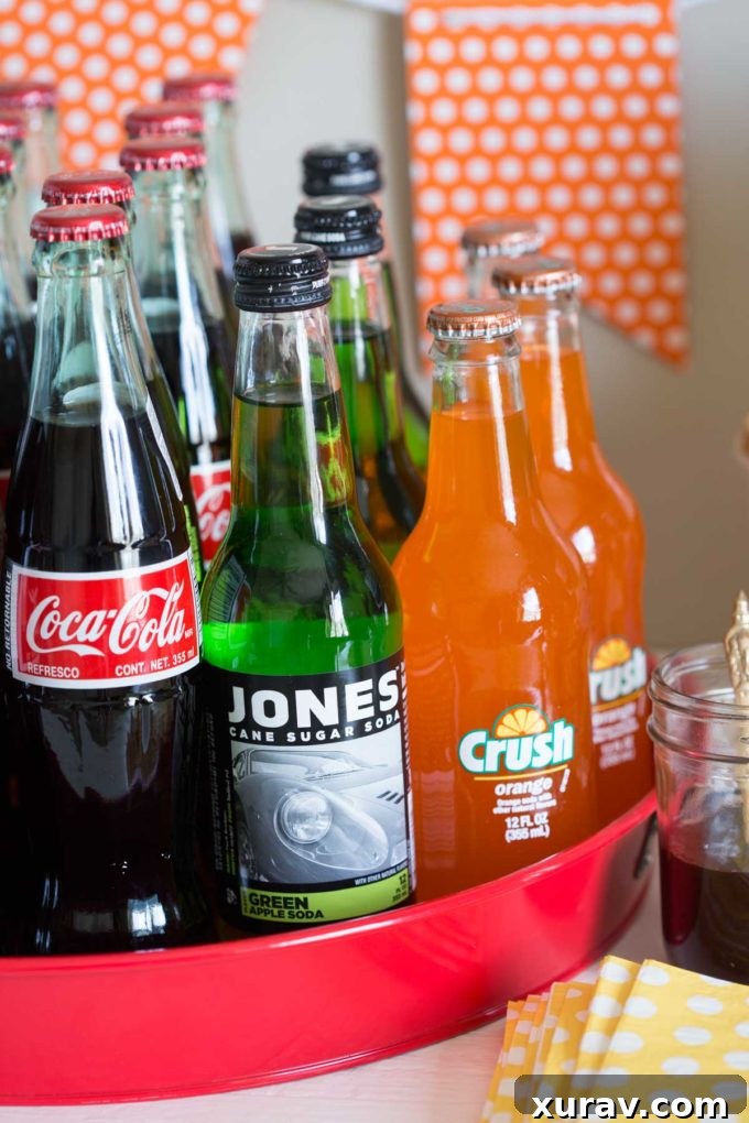 Assortment of colorful sodas for an ice cream float bar