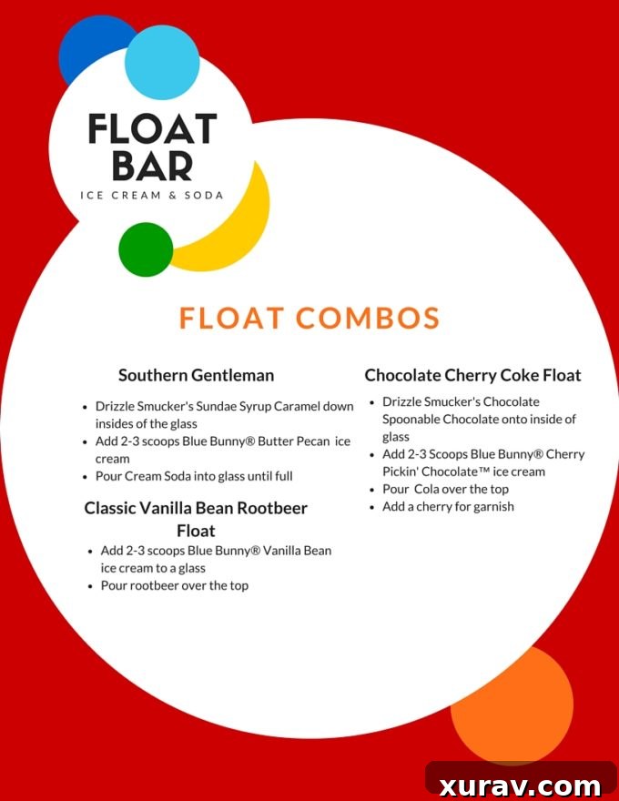 Printable float bar recipe card showing different combination ideas