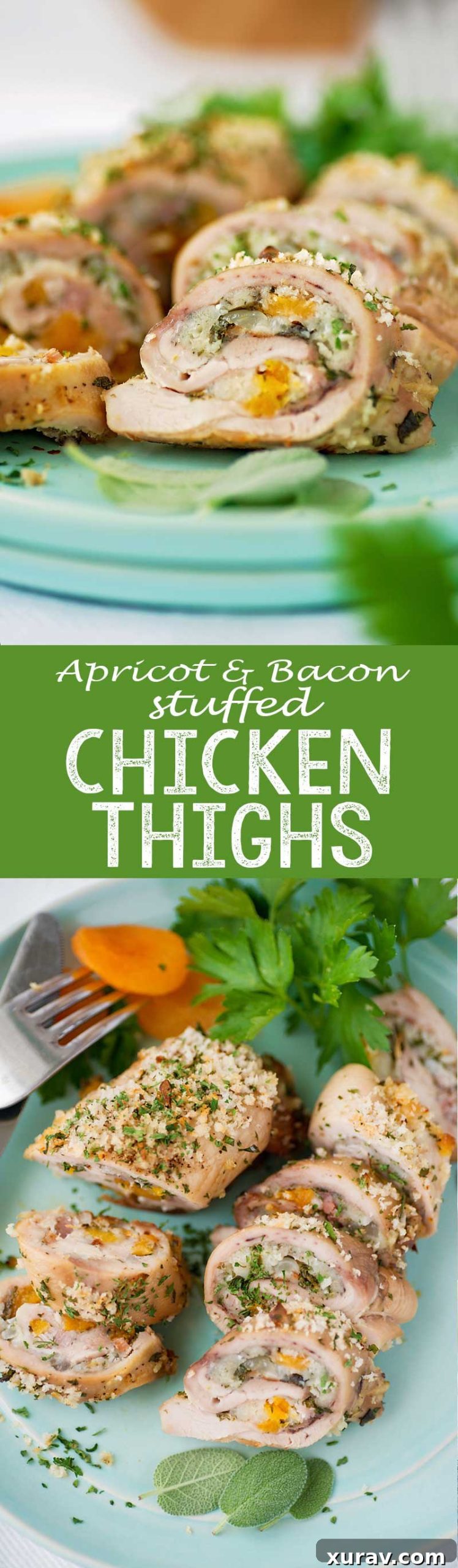 Apricot and Bacon stuffed chicken thighs arranged on a platter