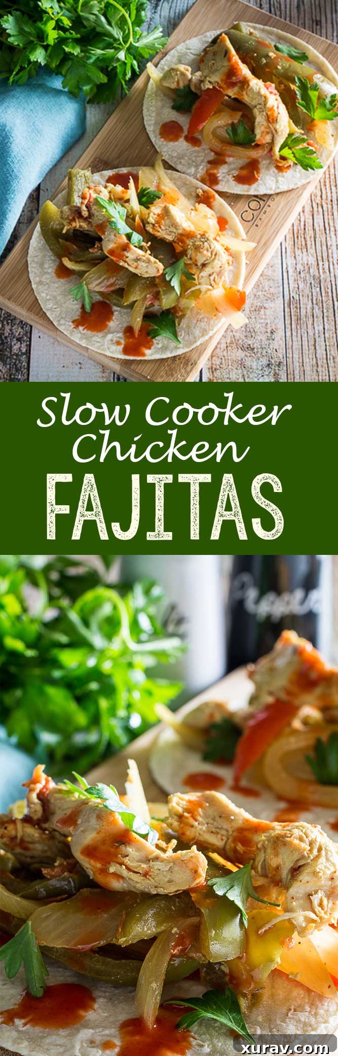 A large, appetizing platter of slow cooker chicken fajitas with assorted toppings and tortillas