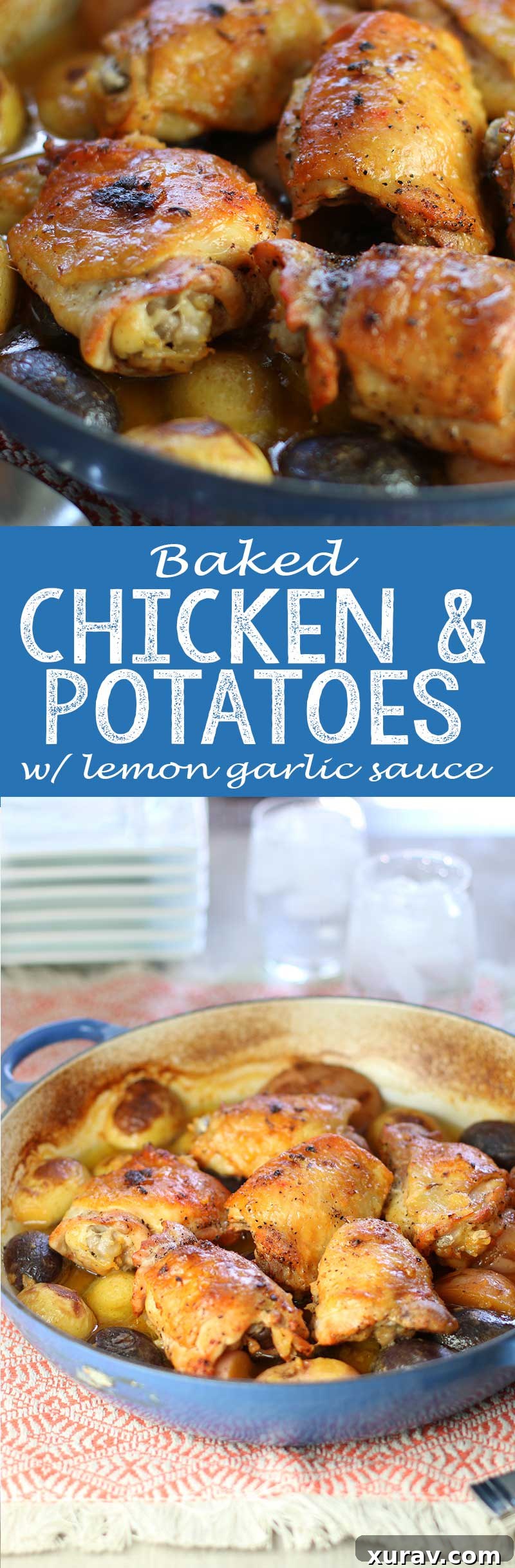 A vibrant collage image featuring a delicious baked chicken and potato dish with lemon garlic sauce, ideal for Pinterest sharing.