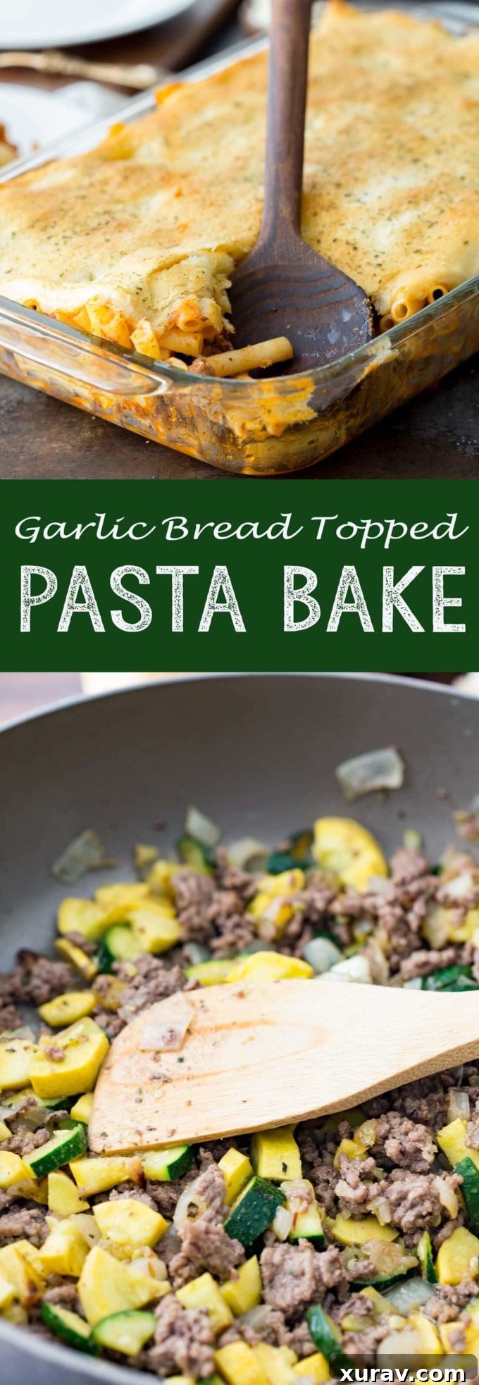 A garlic bread topped, easy pasta bake recipe with homestyle ragu and tons of delicious veggies. A perfect dinner idea for families.