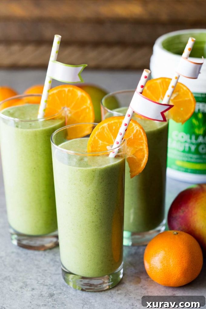 Lush Mango Green Smoothie prepared with collagen beauty greens for enhanced wellness