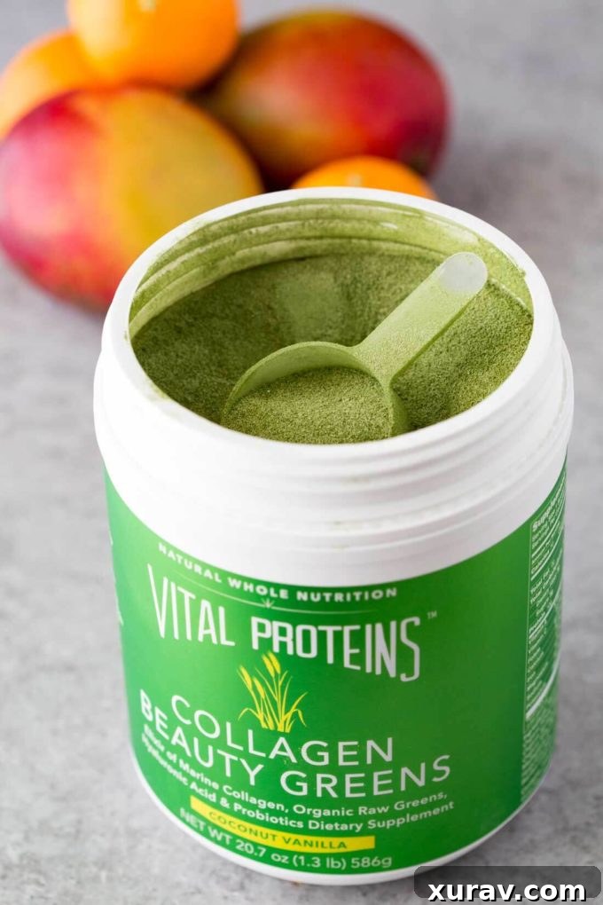 A pristine canister of Vital Protein Collagen Beauty Greens, a key ingredient for radiant health