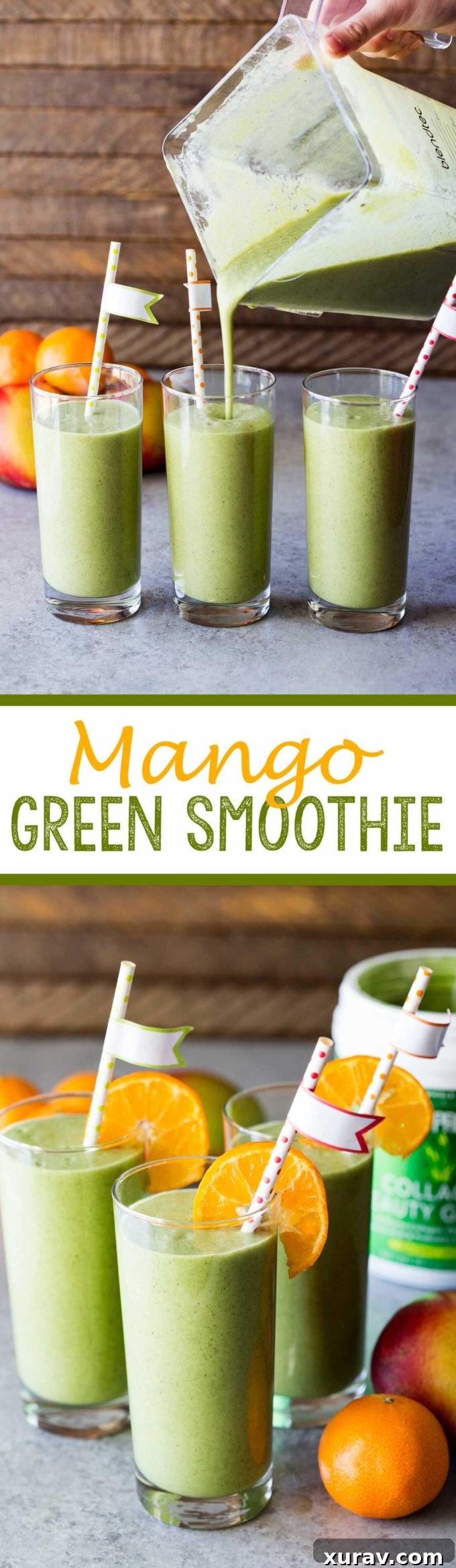 A vibrant and refreshing mango green smoothie made with collagen beauty greens to help you achieve a healthy glow from the inside out!