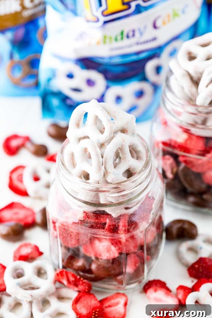A mix of FLIPZ pretzels, chocolate-covered nuts, and freeze-dried strawberries, embodying the Neapolitan theme for a family snack.