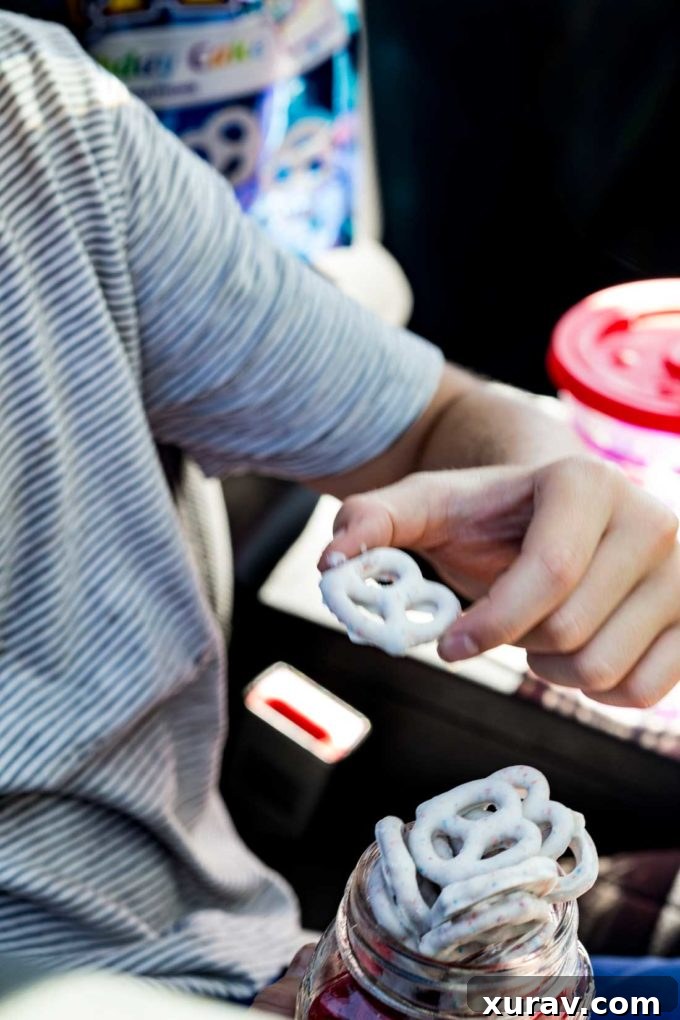 A selection of FLIPZ pretzels, including Birthday Cake flavor, alongside other ingredients for a road trip snack mix.