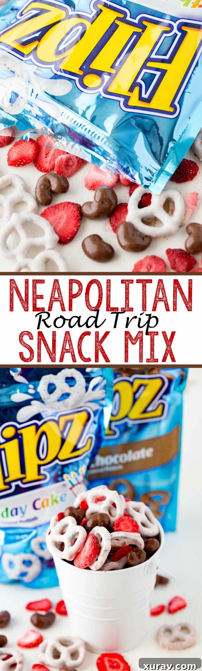 A Pinterest-optimized image showcasing the delicious Neapolitan Road Trip Snack Mix, featuring vanilla, strawberry, and chocolate elements with FLIPZ pretzels, freeze-dried strawberries, and chocolate-covered cashews.
