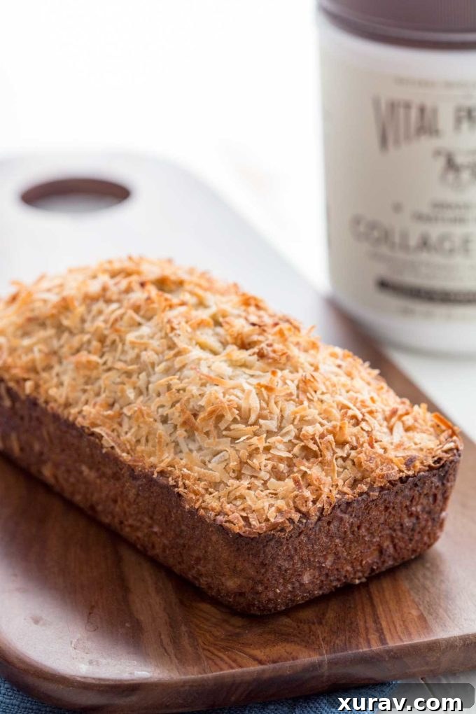 A loaf of coconut vanilla banana bread, an easy banana bread recipe, protein banana bread, healthy dessert