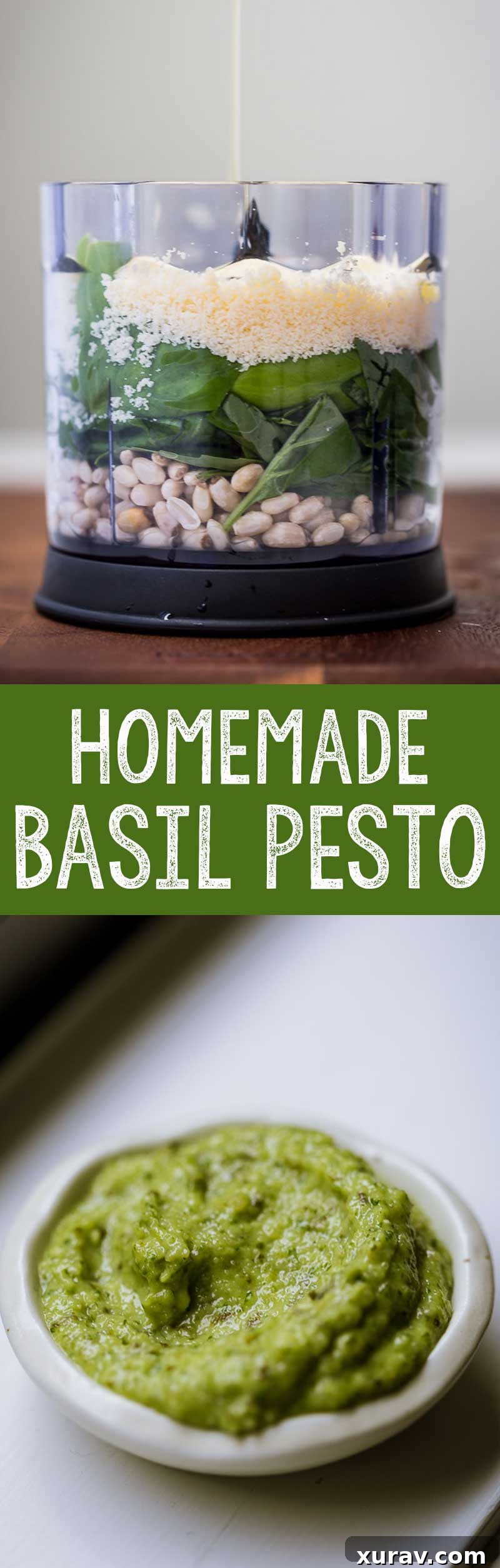 Homemade basil pesto - A beautiful image of basil pesto in a jar with a Pinterest 'Pin It' button overlay.