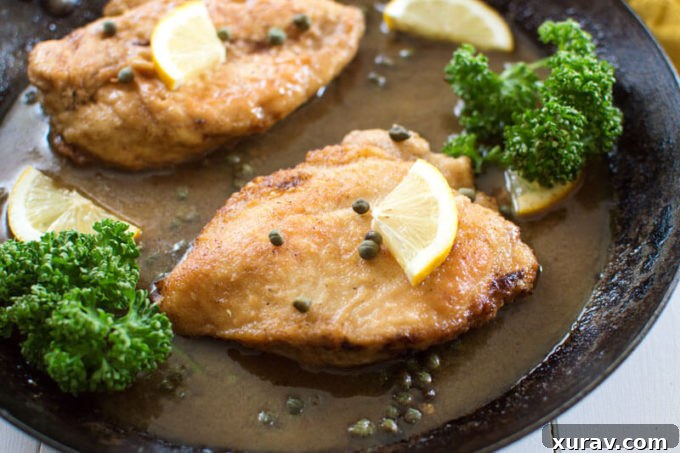 Finished Lemon Chicken Piccata in a pan with lemon slices and capers