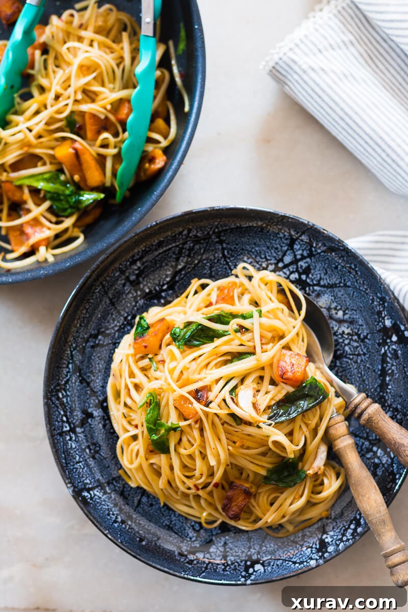 Close-up of roasted pumpkin ready for linguine