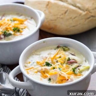 Creamy wild rice and chicken broccoli soup with bacon and cheddar cheese