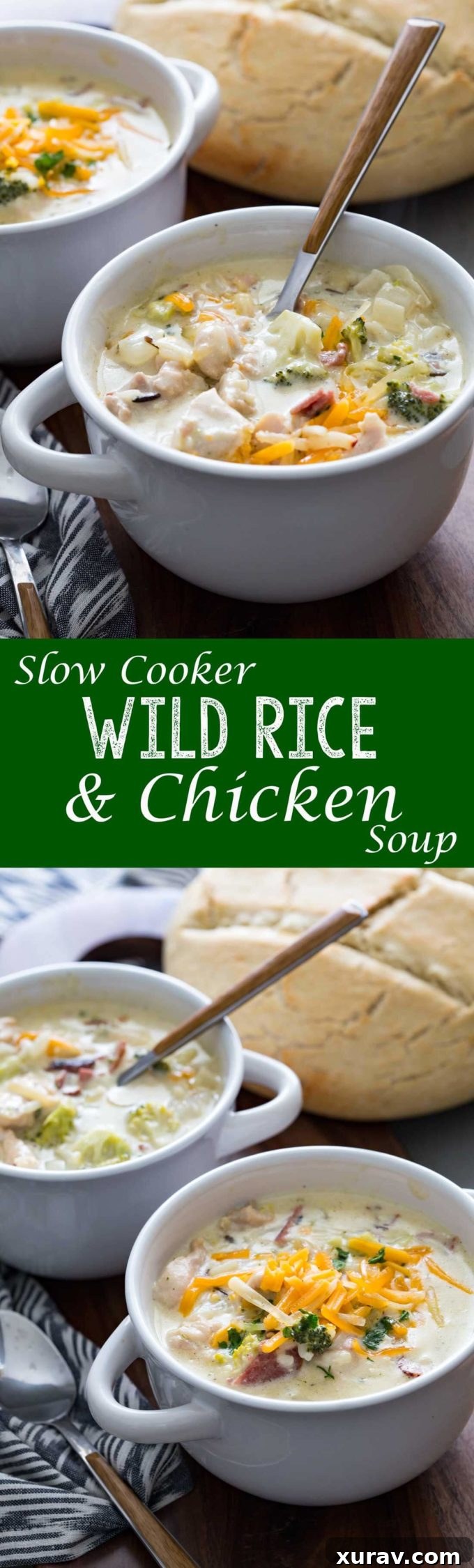 Slow Cooker wild rice and chicken soup with bacon, cheddar, and broccoli - Pinterest pin image.