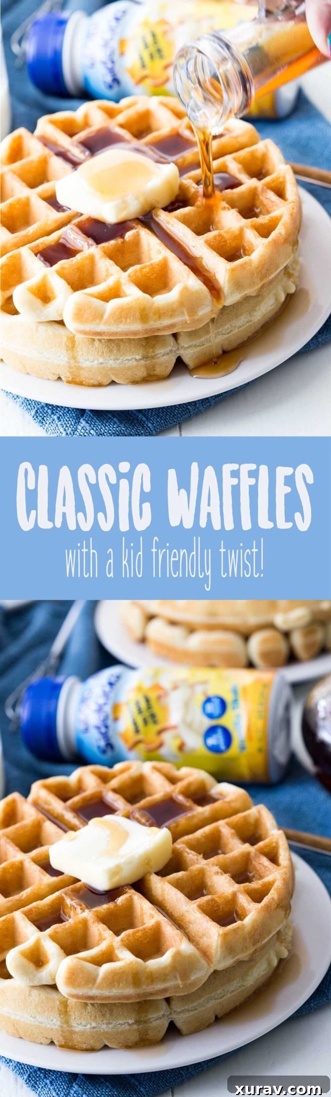 Classic waffle recipe with a fun kid friendly twist to make it even more awesome and nutritious for picky eaters. Pin this delicious breakfast idea!