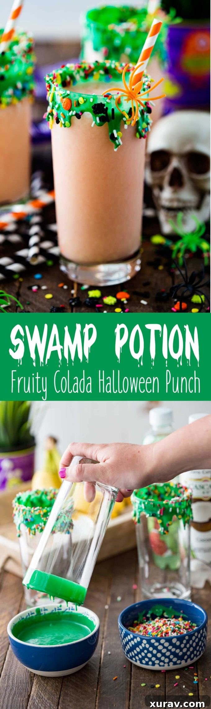 Large Pinterest graphic for Swamp Potion Punch, a Halloween drink you will love!