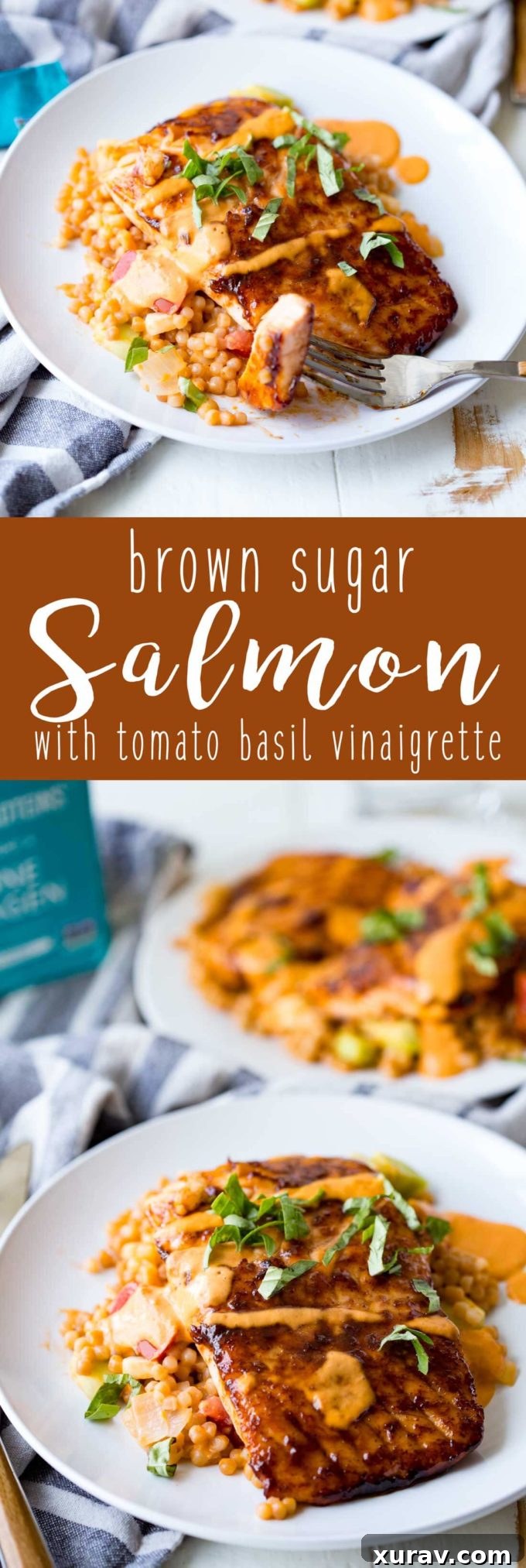 Brown sugar salmon, seared to perfection and served over a bed of couscous and topped with tomato basil vinaigrette