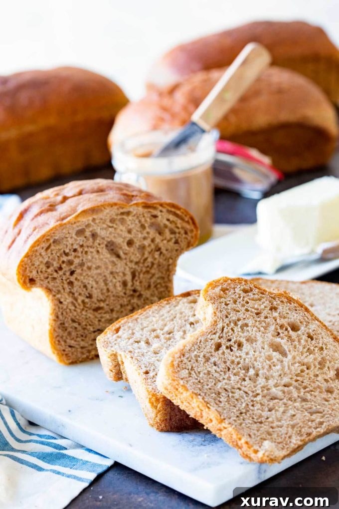 Close-up of a delicious slice of honey whole wheat bread with a soft, airy crumb
