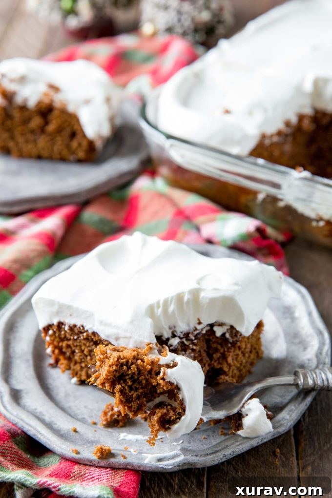 A close-up shot of a moist, spiced gingerbread cake with a hint of its delicious texture, inviting a taste.