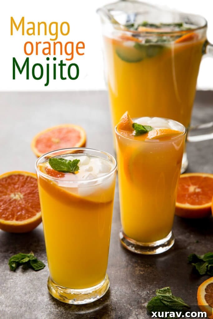 A tall glass filled with a refreshing Mango Orange Mojito, garnished with mint and orange slices, sitting on a wooden surface.