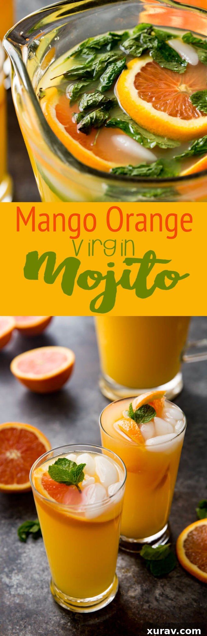 A tall, eye-catching Pinterest graphic featuring the Mango Orange Mojito, highlighting its ease and refreshing, alcohol-free nature.
