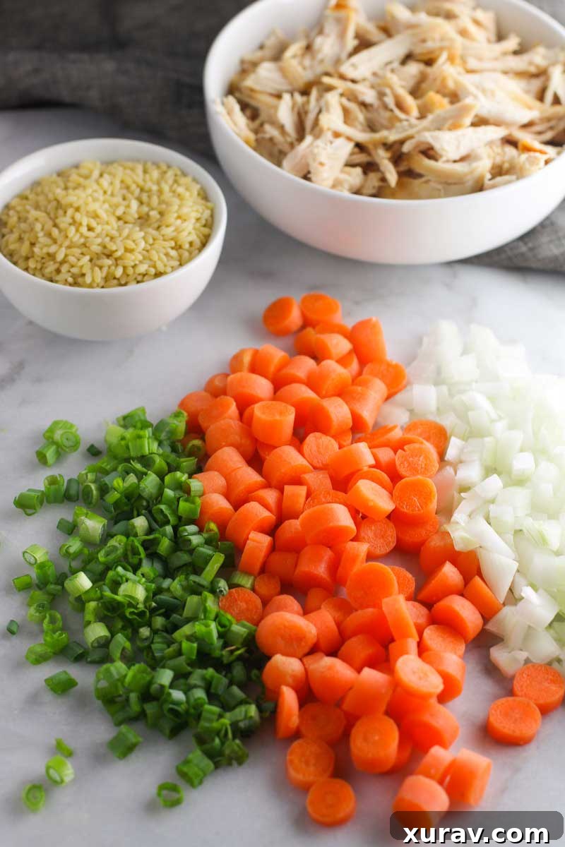 Close-up of a steaming bowl of Creamy Lemon Chicken Orzo Soup, showcasing the tender chicken, orzo, and vibrant vegetables in a creamy broth.