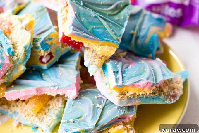 Close-up of Easter Bark with colorful chocolate and SweeTARTS candy.