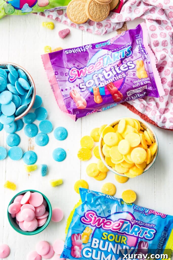 All the colorful SweeTARTS candies and ingredients needed for this bunny Easter bark recipe.