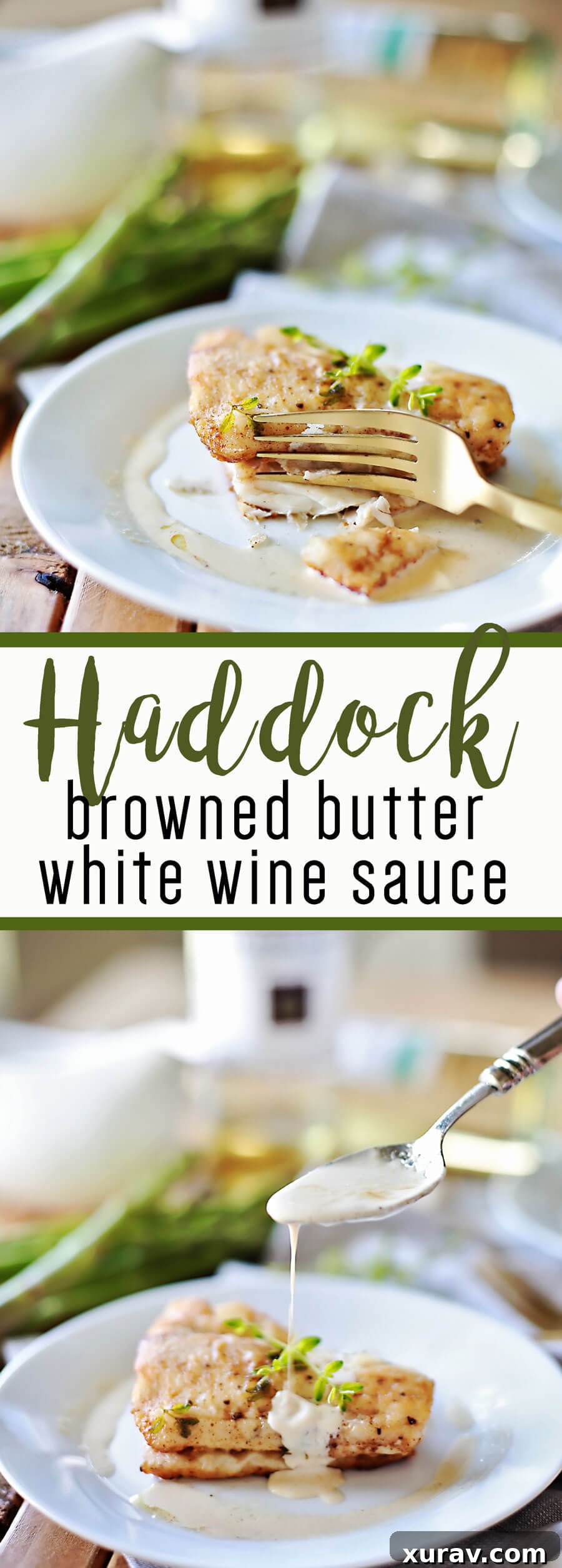 Pinterest graphic: Baked Haddock Recipes with Browned Butter White Wine Sauce. Features flaky haddock pan-fried and served with a rich sauce.