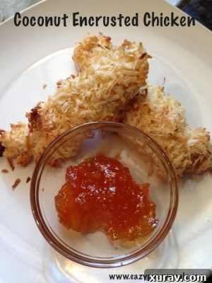 Close-up of baked coconut chicken tenders.